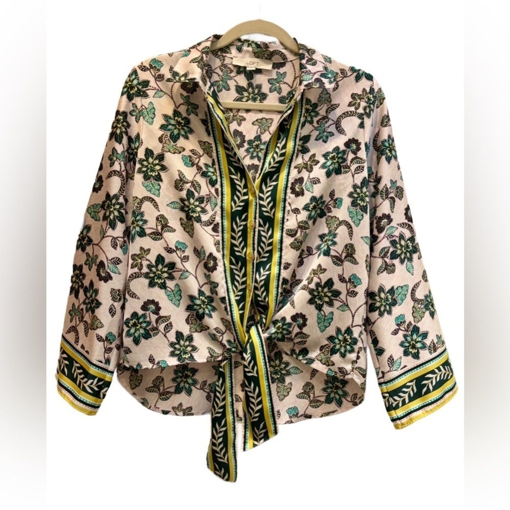 LOFT βHibiscusβ Tie front Long Sleeveblouse in light purple, turquoise, gold XS - Picture 5 of 10